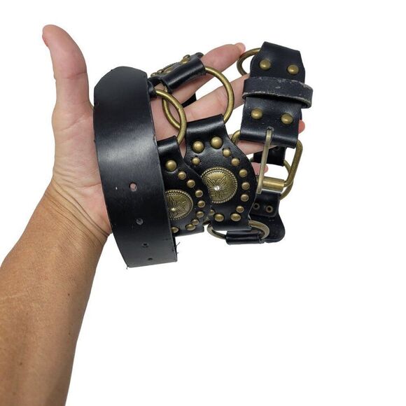 Unisex Vintage-Inspired Black Vegan Leather Belt Brass Concho Studs Chain Hip XL